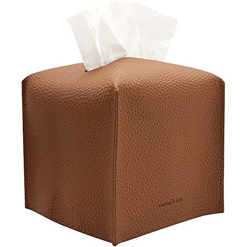 Tissue Box Cover Holder, Square with Bottom Belt by Carrot's Den - PU Leather Decorative Organizer for Tabletop, Bathroom, Car, Office | Camel