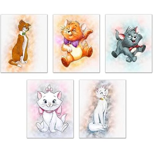 BigWig Prints - Aristocats Posters, Adorable Cat Wall Art, Disney Room Decor for Kids and Cat Lovers, Colorful Aristocats Prints for Bedroom or Playroom - Unframed Set of 5 (8x10)