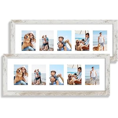 8x24 Picture Frame 2 Pack, Distressed White Wood Frame with Tempered Glass, Display Pictures Multiple Five 4x6 With Mat or 8 x 24 Without Mat - Horizontal or Vertical Wall Mounting
