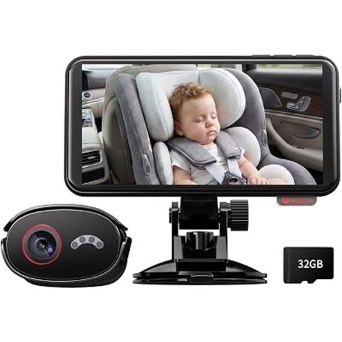AKEEYO Baby Car Monitor, 5.5'' 1080P HD Touchscreen, 122° IR Night Vision Camera, Voice Control, App View, Back Seat Child Reminder Anti-Heatstroke, Parking Mode, 3 Mounts for Windshield/Vent/Headrest