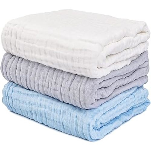Muslin Baby Bath Towels Set 3Pack Ultra Soft and Absorbent Baby Towels Infant Toddler Blanket 6-Layer Natural Cotton Suitable for Girl Boy 40 * 40inches (White & Blue & Grey)
