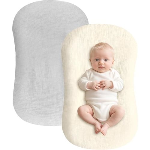 Hooyax Baby Lounger Cover 2 Pack - 100% Muslin Cotton Newborn Lounger Pillow Covers Only, Soft Breathable Infant Lounger Cover with Reinforced Stitching, Fits Most Standard Baby Loungers (Grey Cream)