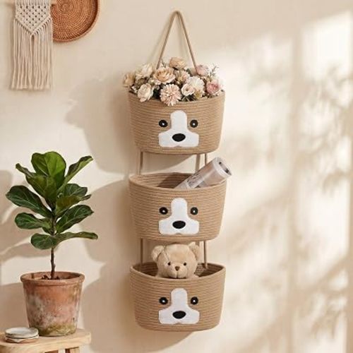 Dog Theme Basket for Nursery 3-Tier Cotton Rope Hanging Basket Cute Dog Clothes Toys Organizer Wall Storage Bin with Hooks Nursery Closet Hanging Accessories