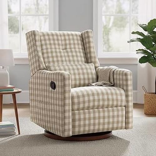 Upholstered Recliner Swivel Glider Nursery Chair Reclining Performance Fabric Rocker with Wood Base,Boucle,Ivory