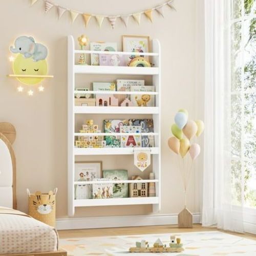 Homfa 4-Tier Wall Bookshelf, 44.5"H Wall Mounted Kids Bookshelf, Book Storage Rack for Kids Room, Nursery, White - Walmart.com | Bookshelves kids, Wall bookshelves kids, Wall bookshelves