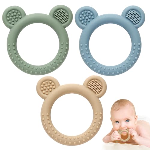 Eascrozn 3 Pack BabyTeething Toys, Teethers for Babies 3-6 6-12 Months, BPA Free Teething Relief Easy to Hold, Silicone Teether Toys for Baby Essentials