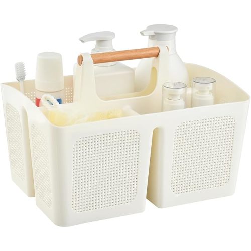 ALINK Portable Shower Caddy Basket with Compartments, Plastic Divided Cleaning Caddy Organizer Storage Tote with Handle for Bathroom, College, Dorm Room Essentials - Beige