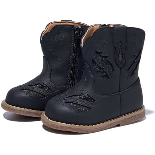 Newsonet Baby Cowboy Cowgirl Boots Infant Western Boots Toddler Boys Girls Round Toe Riding Mid Calf Boots All Seasons for 6 9 12 18 24 Months