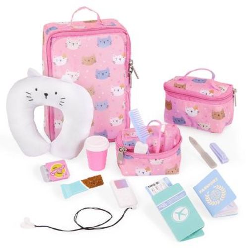 Our Generation Purrfectly Packed Kitty-Print Luggage & Accessories Set for 18" Dolls: Travel Theme, 19 Pieces