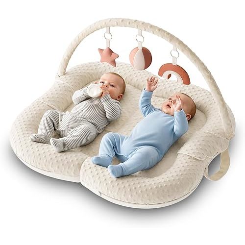 WENDIWAY Twins Baby Play Mats for Floor Activity Gym - 5-in-1 Support Cushion Baby Play Mat Tummy Time Mat for Supervised Bonding with Arch, Plush Toys, Flashcards & Developmental Book - Beige