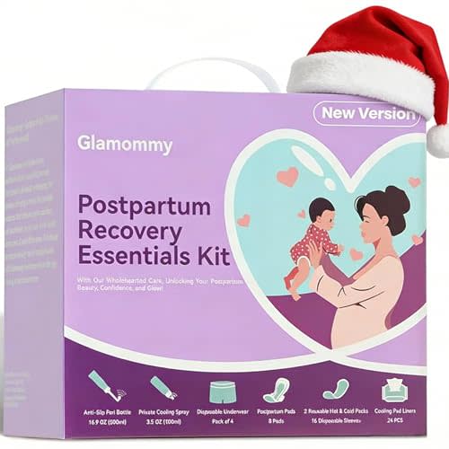Glamommy Postpartum Recovery Essentials Kit for Women, Labor & Delivery Postpartum Care, Peri Bottle, Cooling Spray, Disposable Postpartum Underwears, Postpartum Pads, Hot&Cold Packs, Soothing Liners
