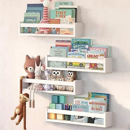 NATURE SUPPLIES Set of 4 White Nursery Book Shelves 23.1", Made of Solid Wood Wall Bookshelf for Kids Bedroom, Ideal for Toys, Decor, Floating Design, Perfect Storage Solution