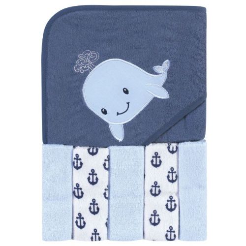 Hudson Baby Infant Boys Hooded Towel and Five Washcloths, Sailor Whale, One Size