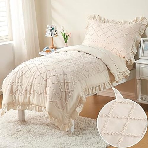Toddler Bedding Set for Girls 4-Piece Beige Boho Tufted Toddler Comforter Set Jacquard Tufts Ruffle Fringe Bed-in-a-Bag Crib Toddler Bed Sheet Set with Comforter, Flat Sheet, Fitted Sheet, Pillowcase