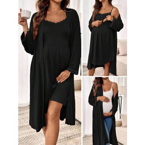 Slowluna 2pcs Maternity & Nursing Casual Contrast Lace Camisole Dress And Jacket Set, Summer Pregnant Two Piece Sets Cover Up | SHEIN
