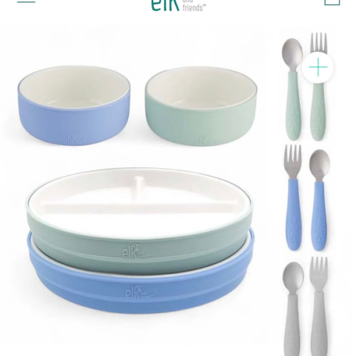Kids Porcelain Mealtime Bundle | Normal Sleeves | 7.8" Plates, Bowls + Toddler Utensils | 10 Pcs | Sage/MistyBlue