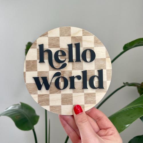 Birth Announcement Sign Hello World Sign For Newborn Checkered Baby Sign Wooden Engraved Sign For Hospital Birth Stat Sign Nursery Decor Art