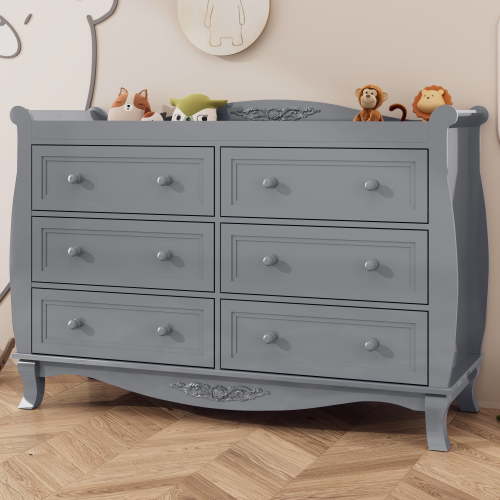 ANPOO Sleigh Style Baby Diaper Changing Table, 6 Drawer Storage Organizer, Baby Dresser with Changing Table Top, Convertible Nursery Dresser Chest of Drawers, Wood Dresser for Kids Bedroom, Grey