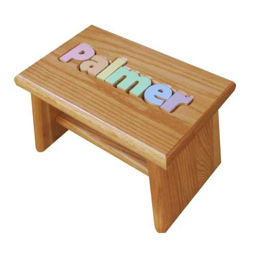 Puzzle Name Oak Stool Personalized with Primary/Pastel Colors or Custom Colors