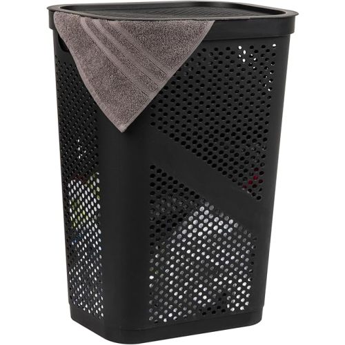Mind Reader Slim Laundry Hamper with Lid, 60L Clothes Basket, Ventilated Plastic, Black