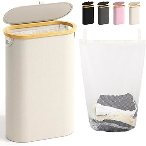 Slim Laundry Hamper with Lid, 60L Small Laundry Basket with Handles&Removable Bag, Thin Dirty Clothes Hampers for Laundry, Narrow Laundry Hampers for Bedroom Aesthetic, Beige