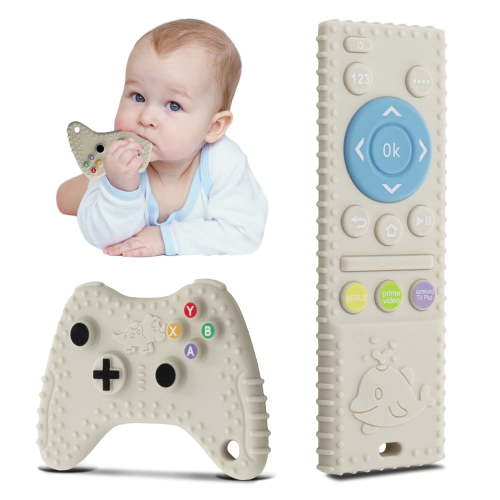 Baby Teething Toys, 2 Pcs Silicone Teething Toys for 3-6 month 6-12 Months - Sensory Toy Chew Toys Educational Toys for Toddler, Remote Control and Game Controller Teething Toys Set - White