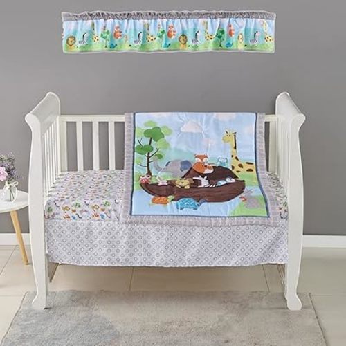 4 PCs Noah's Ark Nursery Crib Bedding Set Blue Grey Animal Theme Baby Crib Bedding Set Quilt + Skirt + Fitted Sheet + Window Valance