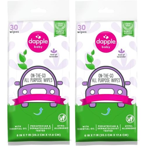 Dapple Baby All Purpose Wipes, Hypoallergenic & Powered by Plants Cleaning Wipes, Hint of Lavender, 30 Count (Pack of 2)