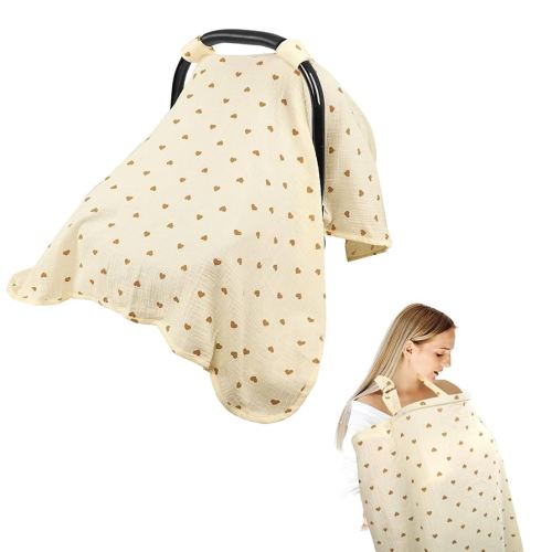 Hooyax 2-in-1 Baby Car Seat Cover & Nursing Cover, 100% Muslin Cotton, Breathable Car Seat Canopy and Privacy Breastfeeding Cover, Tiny Heart