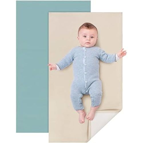 2 Pack Baby Leather Changing Mat, Waterproof Portable Diaper Changing Pad for Home, Wipeable Foldable Baby Travel Mat Fits Perfectly in Diaper Bag, 30 x 17 inches, Off White and Blue