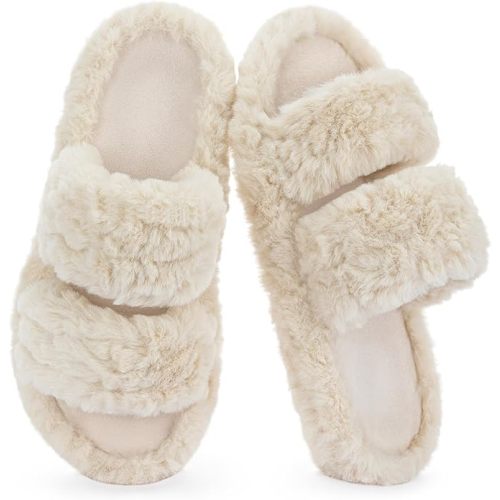 RockDove Women’s Pluffie Slippers with Arch Support & Memory Foam, Cozy Faux Fur Open Toe House Shoes, Gift-Ready Indoor Outdoor Comfort