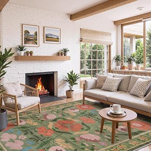Green Floral 6x9 Area Rugs for Living Room, Soft Washable Area Rug for Bedroom Non-Slip, Vintage Ultra-Thin Nursery Classroom Decor, Farmhouse Low-Pile Carpet for Kids Room (6x9ft,Green)