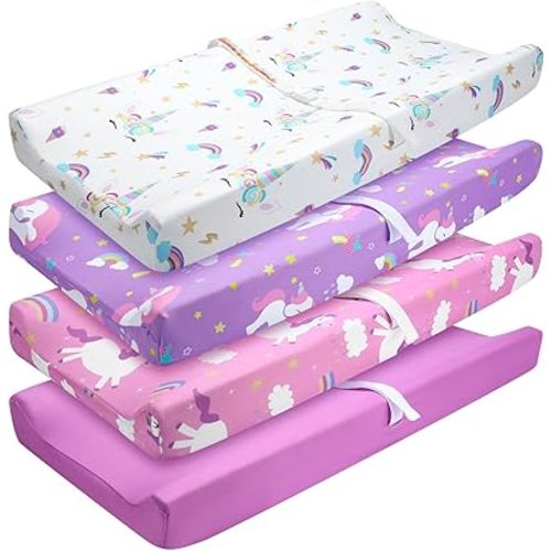 4 Pack 16 x 32 Inch Soft Baby Changing Pad Cover Cute Unicorns Rainbows Mat Covers Unisex Fitted Diaper Changing Pad Sheets for Baby Boys and Girls