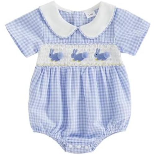 Bagilaanoe Infant Baby Boy Girl Easter Outfit Clothes Bunny Tail Smocked Short Sleeve Romper Jumpsuit