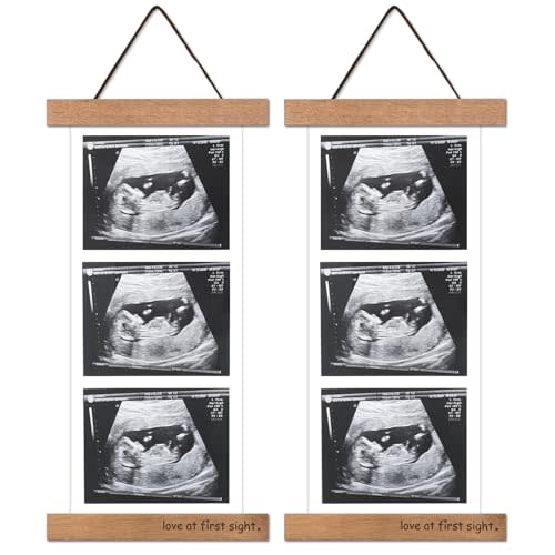 2 Pcs Sonogram Picture Frame, Wooden Magnetic Ultrasound Picture Frame for Refrigerator with Love at First Sight, for Baby Announcement, Birth Information, Baby shower, Expecting Parents and Grandparent to be Gifts