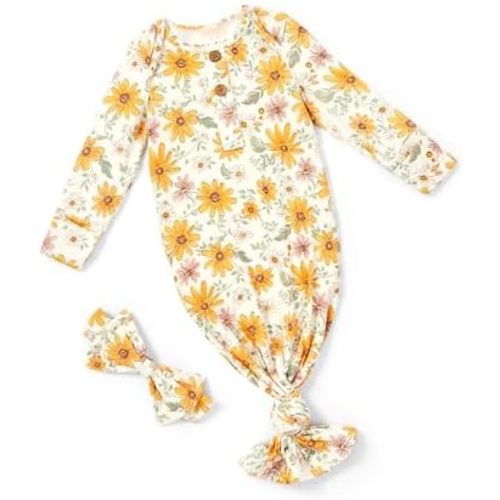 PATPAT Baby Sleeper Gown with Bamboo Viscose for Newborn Girls Boys, Knotted Nightgown with Mittens for Infant Home Coming