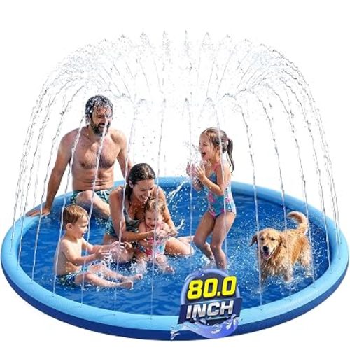 Non Slip Splash Pad for Kids and Dogs, 80" Sprinkler Splash Pad with 5mm Reinforced Edges,0.58mm Thickened Dog Pool,Outdoor Water Toys for Toddlers,Summer Backyard Fountain Play for Girls Boys Pets