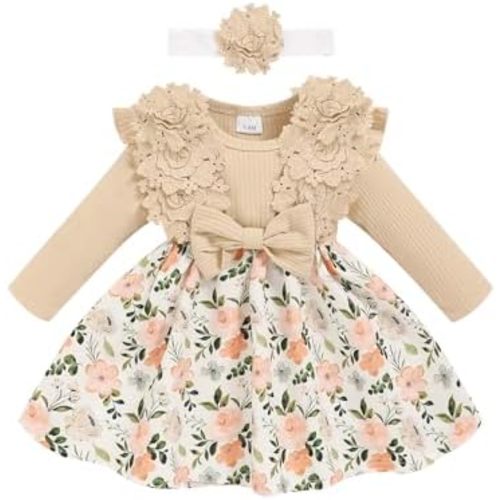 Baby Girl Dress Fall Flower Ruffle with Lace Headband Toddler Girls 3M-3T Infant Dresses Winter Baby Girl Clothes