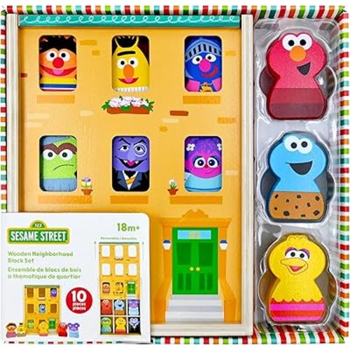 Kids Preferred 123 Sesame Street Woodden Neighborhood Block Set with Storage Case, Toddler Sorting and Matching Blocks