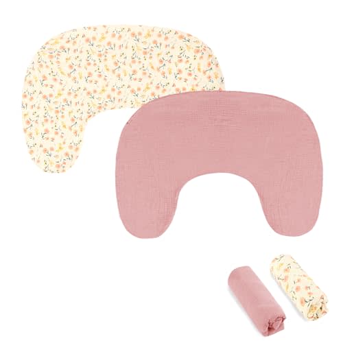 Hooyax Muslin New Nursing Pillow Covers 2 Pack, Soft and Breathable Nursing Covers for New-Designed Breastfeeding Pillows, Adorable Infant Feeding Pillow Slipcover for Baby Boy and Girls (Pink Flower)