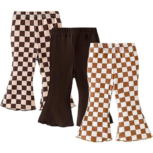 SOBOWO Checkered Baby Girl Flare Pants 3 Pack Toddler Bell Bottoms Plaid Ruffle Leggings Pants Fall Winter Outfits Size 6M-4T
