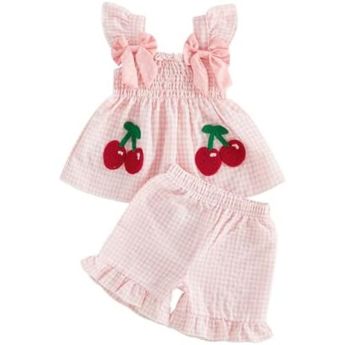 Mubineo Toddler Baby Girl Summer Clothes Cute Ruffle Shirt Tops Dress Shorts Outfits Set Fruit Blouse Princess Outfit