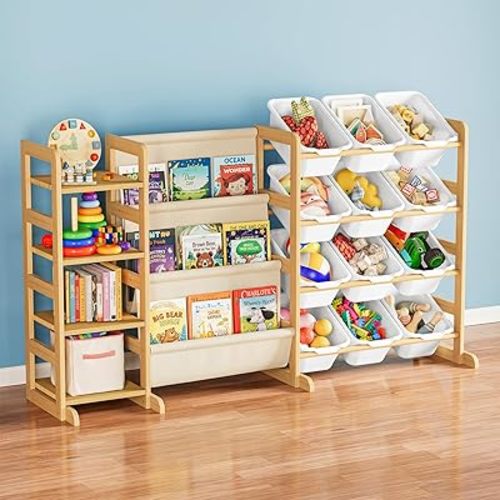 SpaceAid 3-in-1 Toy Storage Organizer with 4 Shelves and 12 Bins, Toy Organizers Storage 3-Tier Bookshelf, Kids Bin Shelf Box Bookcase for Bedroom Playroom Organization Room Decor, White