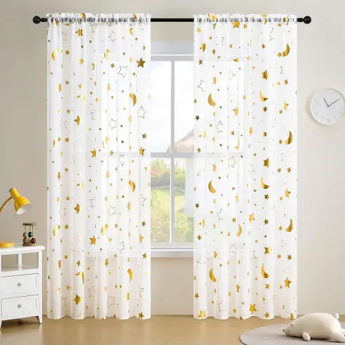 WUBODTI White Star Sheer Curtains 84 Inches Long for Kids Room Nursery, Cute Gold and White Star Moon Patterned Boby Curtain Rod Pocket Light Filtering Sheer Faux Linen Playroom Drapes 2 Panels