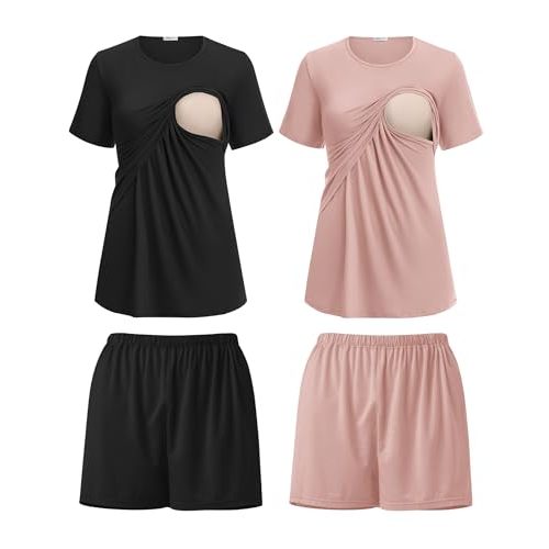 Ekouaer 2 Pack Women's Nursing Pajamas Set Double Layer Maternity Pjs Postpartum Loungewear Set Breastfeeding Tops & Shorts