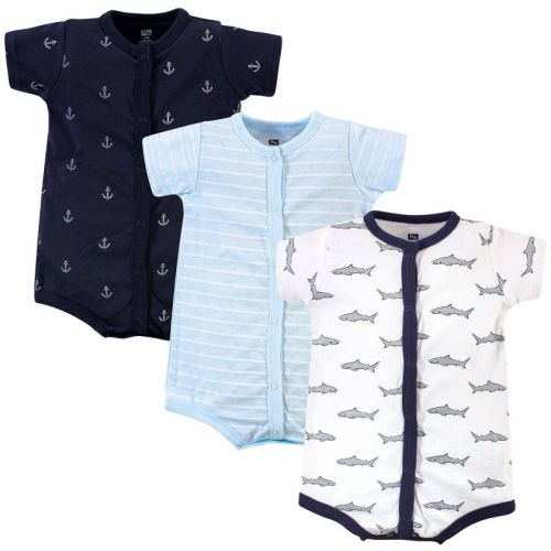 Hudson Baby Infant Boy Cotton Rompers 3pk, Gray Shark, 0-3 Months