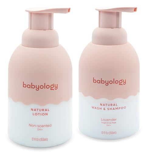 Babyology - 100% Edible Ingredients - All Natural Baby Wash and Shampoo Lavender + Organic Baby Lotion SET - 12 FL OZ Good for Sensitive Skin or Eczema - Non Toxic - Fragrance Free (Set of 2)