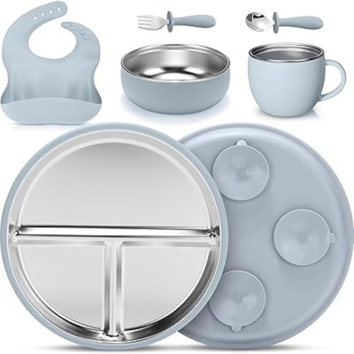 Nuogo 6 Pcs 304 Stainless Steel Kids Plates and Bowls Set 9 Inch Toddle Suction Plates Stainless Steel Bowl and Cup with Removable Silicone Forks Spoons Pocket Bib for Baby Toddle(Dark Blue)