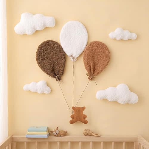 Chumia 5 Pcs Teddy Bear Nursery Wall Decor Balloons Nursery Wall Art with Clouds Star Soft Room Decor Gender Neutral for Bedroom Decoration
