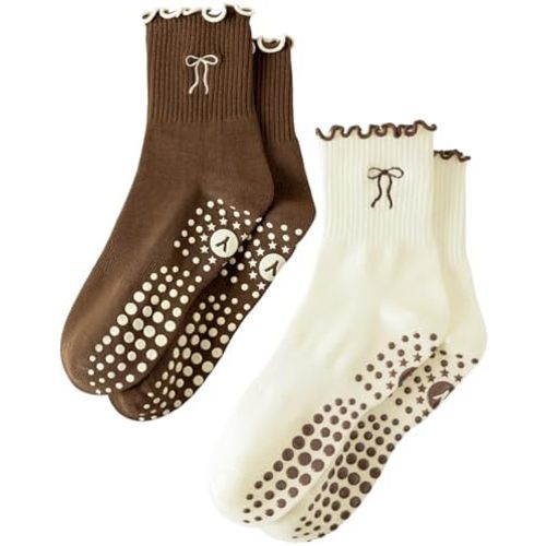 Yawlsow Cute Ruffle Pilates Grip Socks, Crew Grippy Socks Women Non Slip